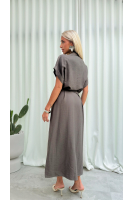 Sukienka Koszulowa Maxi Premium Wiązana w Pasie Elegancka Oversize Guziki Kieszenie - fango